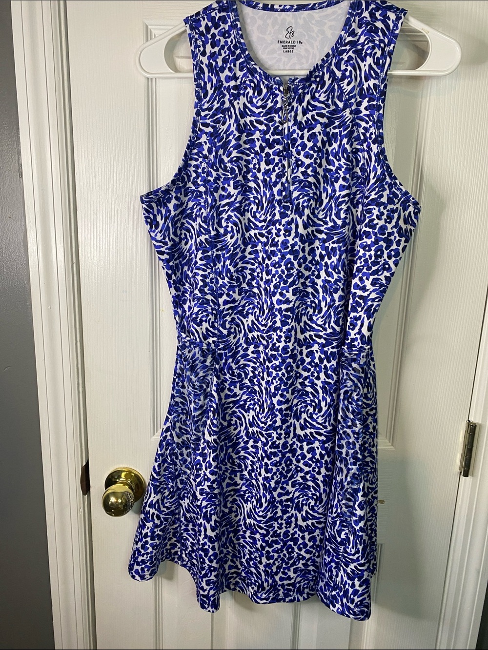 Emerald Blue & White Sleeveless Printed A-Line Dress Golf Dress Size Large.
